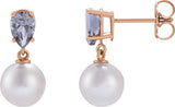 14K Gold Cultured White Akoya Pearl & Natural Tanzanite Pearl Earrings - Rose Gold