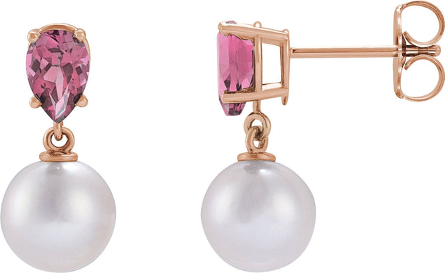 14K Gold Cultured White Akoya Pearl & Natural Pink Tourmaline Pearl Earrings - Rose Gold