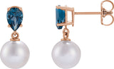 14K Gold Cultured White Akoya Pearl & Natural London Blue Topaz Pearl Earrings - Rose Gold