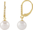 14K Gold Cultured White Freshwater Pearl & Natural Diamond Accented Pearl Earrings - Yellow Gold