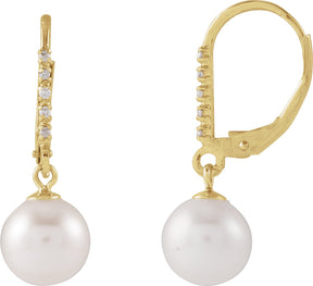 14K Gold Cultured White Freshwater Pearl & Natural Diamond Accented Pearl Earrings - Yellow Gold
