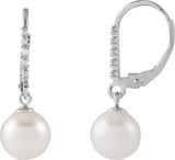14K Gold Cultured White Freshwater Pearl & Natural Diamond Accented Pearl Earrings - White Gold