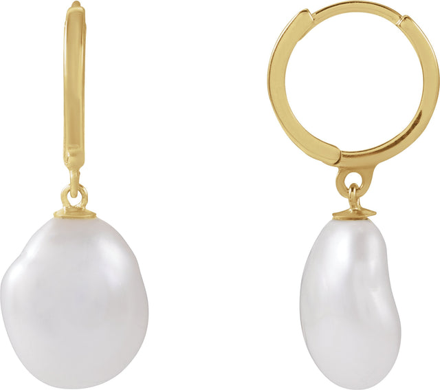 14K Gold Cultured White Freshwater Keshi Pearl Pearl Hoop Earrings