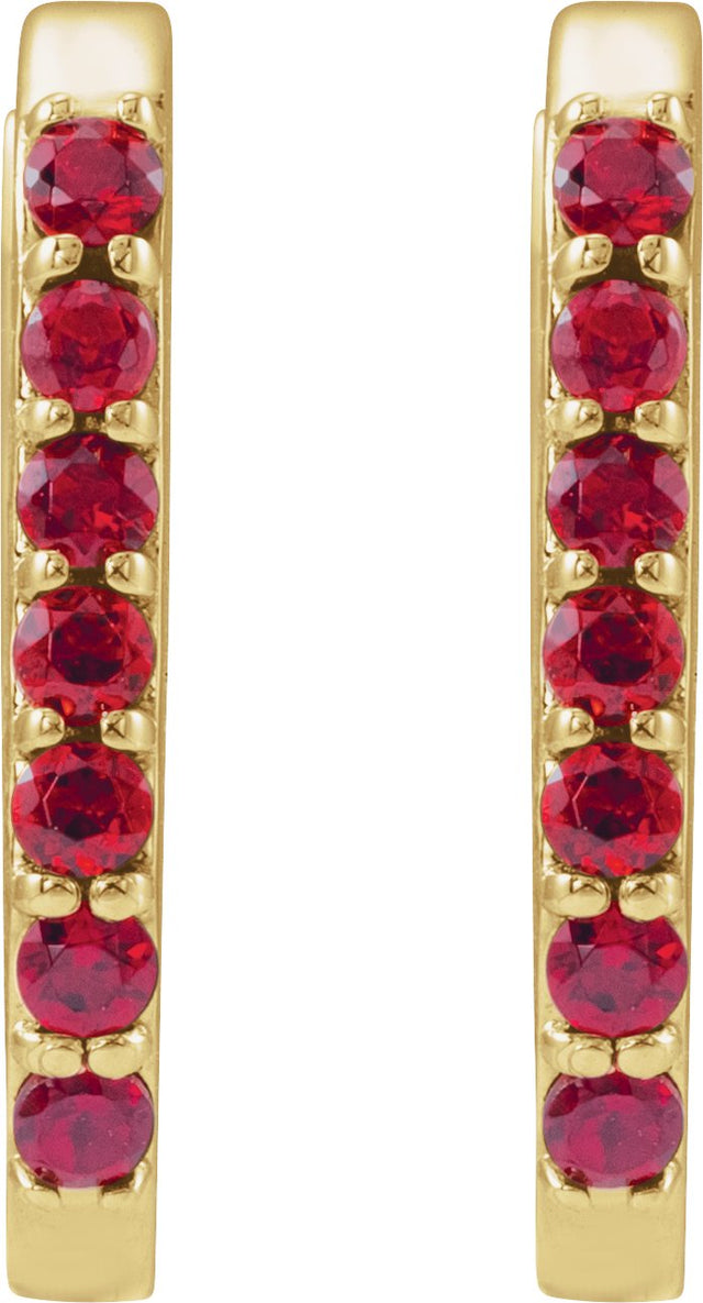 14K Gold Round Lab-Grown Ruby Accented Elongated Hoop Earrings - Yellow Gold - view 2