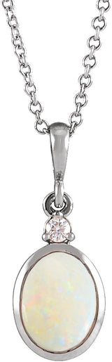 14K Gold Oval Natural White Opal & Natural Diamond Cabochon Bezel-Set Necklace or Pendant – 12x10mm - White Gold