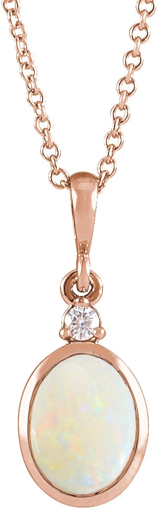 14K Gold Oval Natural White Opal & Natural Diamond Cabochon Bezel-Set Necklace or Pendant – 12x10mm - Rose Gold
