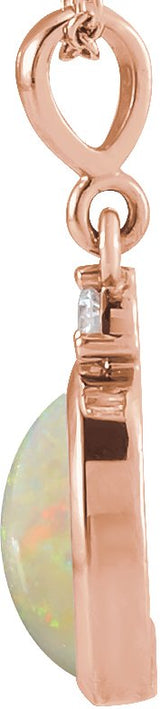 14K Gold Oval Natural White Opal & Natural Diamond Cabochon Bezel-Set Necklace or Pendant – 12x10mm - Rose Gold - view 2