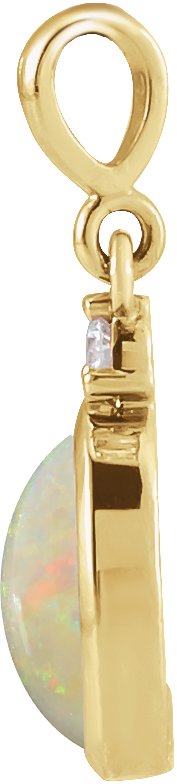14K Gold Oval Natural White Opal & Natural Diamond Cabochon Bezel-Set Necklace or Pendant – 12x10mm - Yellow Gold - view 2