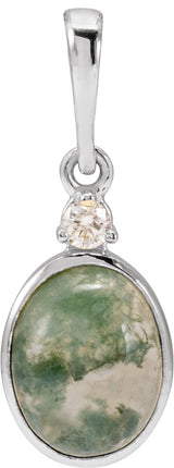 14K Gold Round Natural Diamond Cabochon Bezel-Set Necklace or Pendant - White Gold