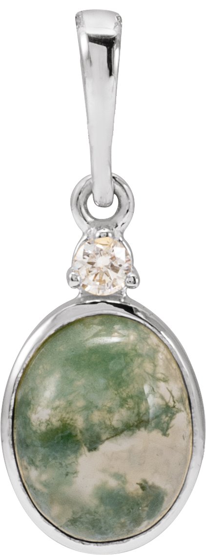 14K Gold Round Natural Diamond Cabochon Bezel-Set Necklace or Pendant - White Gold