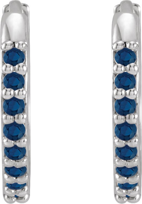 Platinum Round Lab-Grown Blue Sapphire Accented Huggie Earrings - view 2