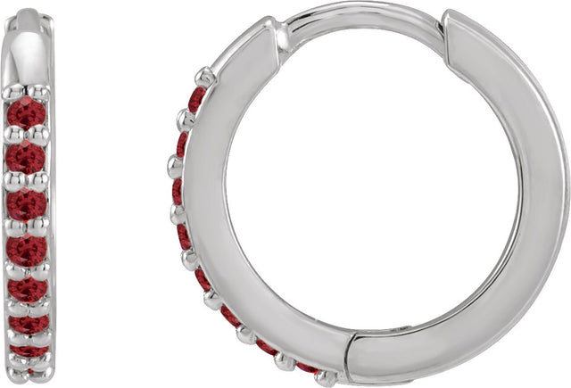 14K Gold Round Lab-Grown Ruby Accented Huggie Earrings - White Gold
