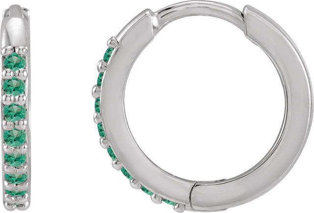 14K Gold Round Lab-Grown Emerald Accented Huggie Earrings - White Gold