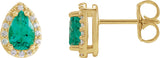 14K Gold Lab-Grown Emerald Pear 4-Prong Halo-Style Low Stud Earring - Yellow Gold