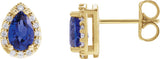 14K Gold Lab-Grown Blue Sapphire Pear 4-Prong Halo-Style Low Stud Earring - Yellow Gold