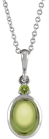 Platinum Oval Natural Peridot Cabochon Bezel-Set Necklace or Pendant