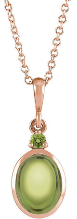 14K Gold Oval Natural Peridot Cabochon Bezel-Set Necklace or Pendant - Rose Gold