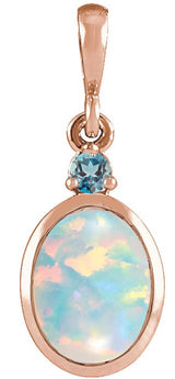 14K Gold Oval Lab-Grown White Opal & Natural London Blue Topaz Cabochon Bezel-Set Necklace or Pendant - Rose Gold