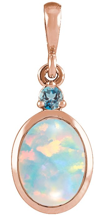 14K Gold Oval Lab-Grown White Opal & Natural London Blue Topaz Cabochon Bezel-Set Necklace or Pendant - Rose Gold