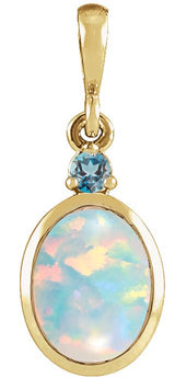 14K Gold Oval Lab-Grown White Opal & Natural London Blue Topaz Cabochon Bezel-Set Necklace or Pendant - Yellow Gold