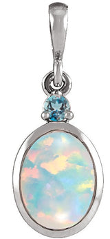 Platinum Oval Lab-Grown White Opal & Natural London Blue Topaz Cabochon Bezel-Set Necklace or Pendant