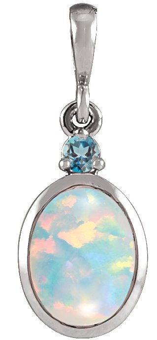 14K Gold Oval Lab-Grown White Opal & Natural London Blue Topaz Cabochon Bezel-Set Necklace or Pendant - White Gold