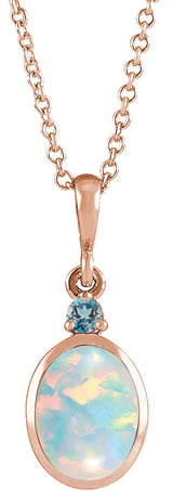 14K Gold Oval Lab-Grown White Opal & Natural London Blue Topaz Cabochon Bezel-Set Necklace or Pendant - Rose Gold