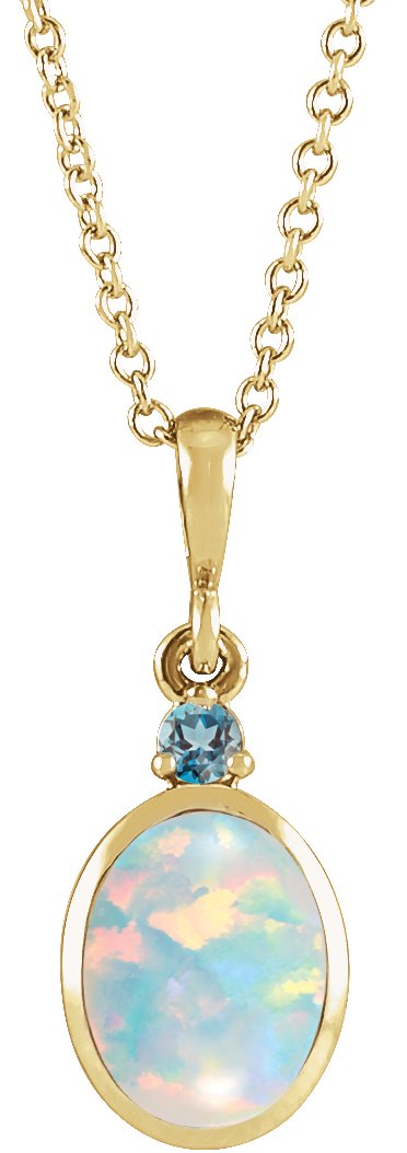 14K Gold Oval Lab-Grown White Opal & Natural London Blue Topaz Cabochon Bezel-Set Necklace or Pendant - Yellow Gold