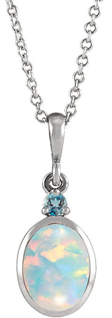 Platinum Oval Lab-Grown White Opal & Natural London Blue Topaz Cabochon Bezel-Set Necklace or Pendant