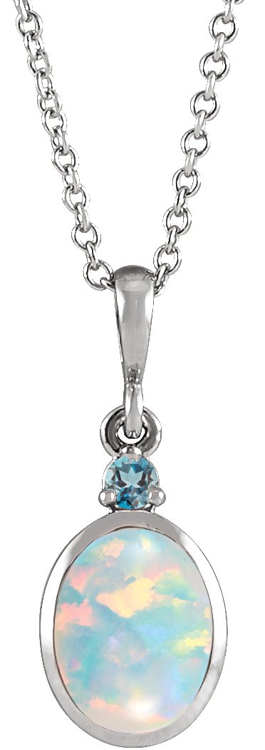 Platinum Oval Lab-Grown White Opal & Natural London Blue Topaz Cabochon Bezel-Set Necklace or Pendant
