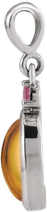 14K Gold Oval Natural Citrine & Natural Pink Tourmaline Cabochon Bezel-Set Necklace or Pendant - White Gold - view 2