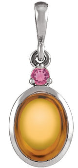 Platinum Oval Natural Citrine & Natural Pink Tourmaline Cabochon Bezel-Set Necklace or Pendant