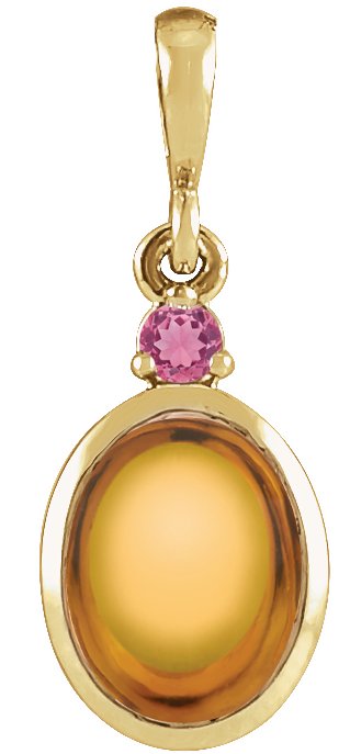 14K Gold Oval Natural Citrine & Natural Pink Tourmaline Cabochon Bezel-Set Necklace or Pendant - Yellow Gold