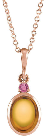 14K Gold Oval Natural Citrine & Natural Pink Tourmaline Cabochon Bezel-Set Necklace or Pendant - Rose Gold