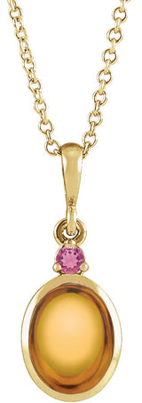 14K Gold Oval Natural Citrine & Natural Pink Tourmaline Cabochon Bezel-Set Necklace or Pendant - Yellow Gold