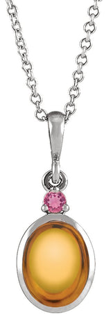 14K Gold Oval Natural Citrine & Natural Pink Tourmaline Cabochon Bezel-Set Necklace or Pendant - White Gold