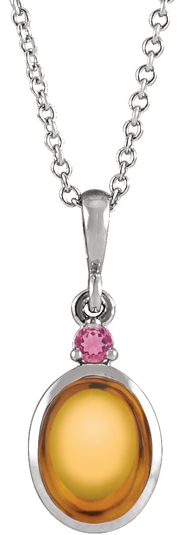Platinum Oval Natural Citrine & Natural Pink Tourmaline Cabochon Bezel-Set Necklace or Pendant