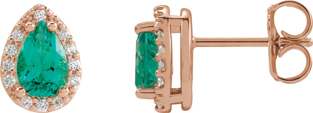 14K Gold Lab-Grown Emerald Pear 4-Prong Halo-Style Low Stud Earring - Rose Gold