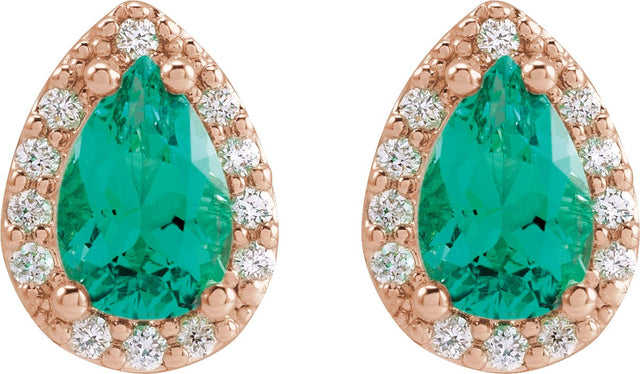 14K Gold Lab-Grown Emerald Pear 4-Prong Halo-Style Low Stud Earring - Rose Gold - view 2