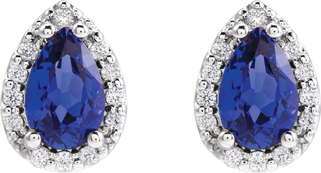 14K Gold Lab-Grown Blue Sapphire Pear 4-Prong Halo-Style Low Stud Earring - White Gold - view 2