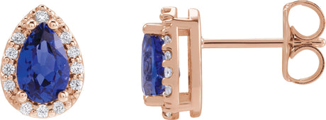 14K Gold Lab-Grown Blue Sapphire Pear 4-Prong Halo-Style Low Stud Earring - Rose Gold