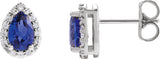 14K Gold Lab-Grown Blue Sapphire Pear 4-Prong Halo-Style Low Stud Earring - White Gold