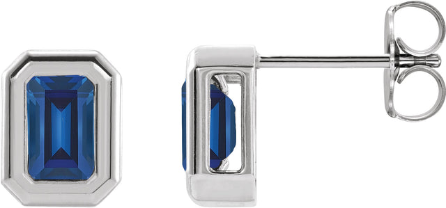 14K Gold Lab-Grown Blue Sapphire Emerald Solitaire Earrings - White Gold