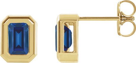 14K Gold Lab-Grown Blue Sapphire Emerald Solitaire Earrings - Yellow Gold