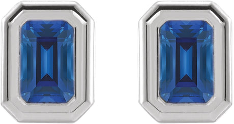Platinum Lab-Grown Blue Sapphire Emerald Solitaire Earrings - view 2
