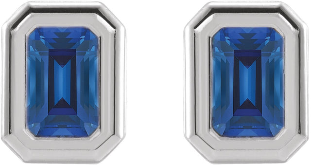 Platinum Lab-Grown Blue Sapphire Emerald Solitaire Earrings - view 2