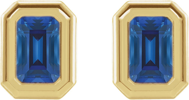 14K Gold Lab-Grown Blue Sapphire Emerald Solitaire Earrings - Yellow Gold - view 2