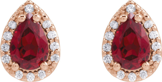 14K Gold Lab-Grown Ruby Pear 4-Prong Halo-Style Low Stud Earring - Rose Gold - view 2