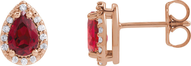 14K Gold Lab-Grown Ruby Pear 4-Prong Halo-Style Low Stud Earring - Rose Gold