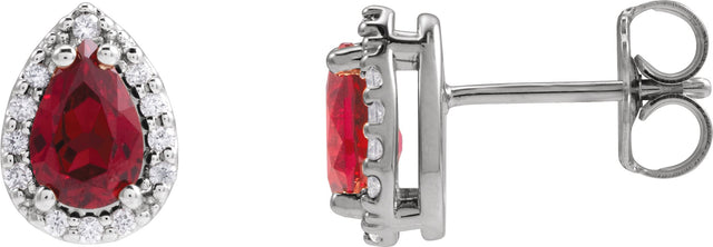 Platinum Lab-Grown Ruby Pear 4-Prong Halo-Style Low Stud Earring